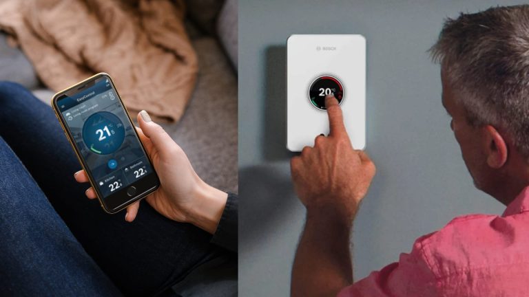 Smart heating controls being used on a wall thermostat and a phone app